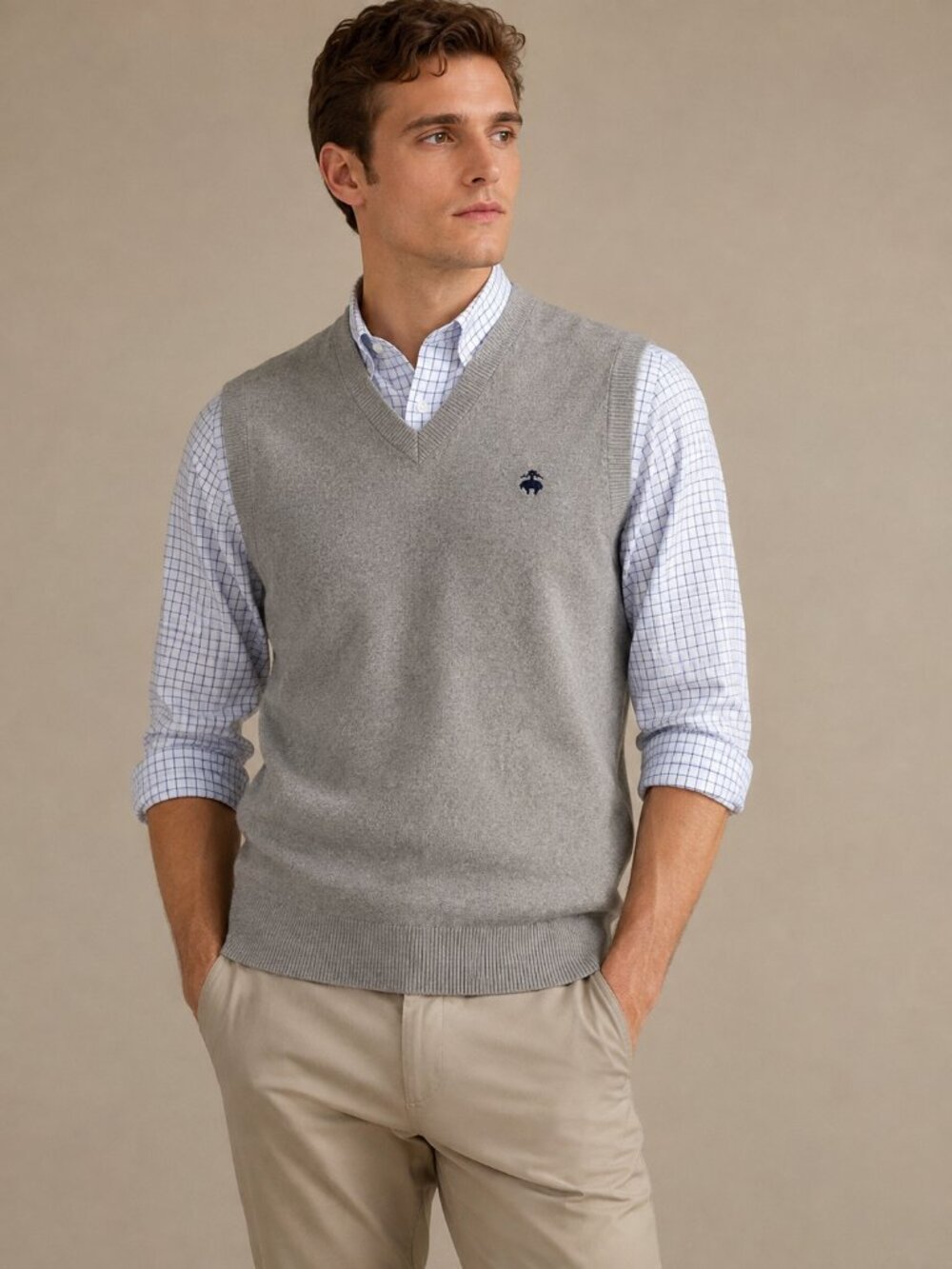 Brooks Brothers Supima Cotton Sweater Vest Gray V-Neck Logo Men's XXL